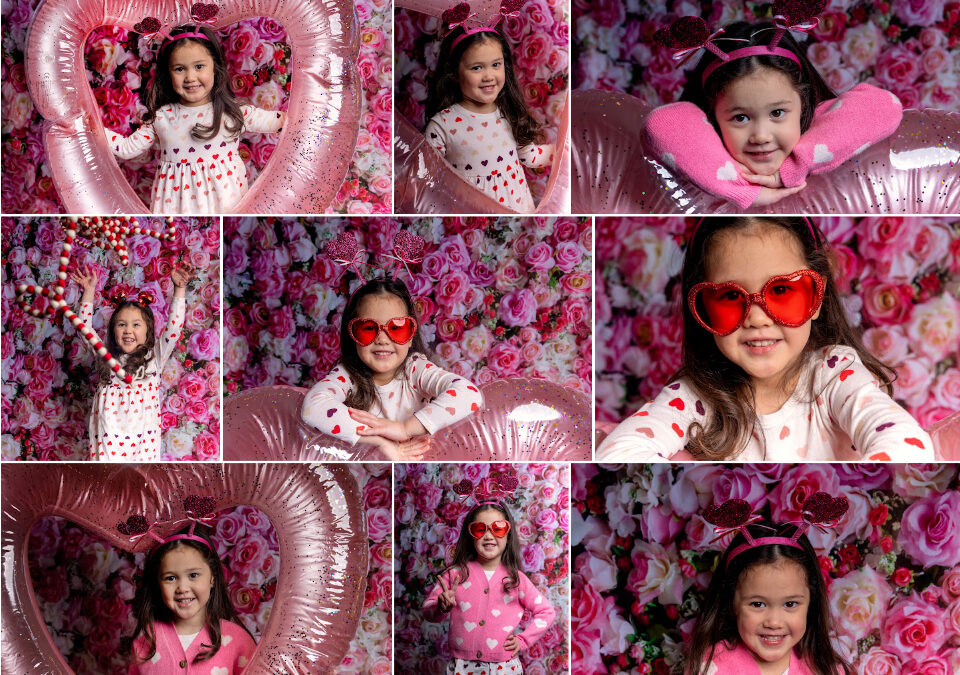 collage of valentine photo booth images of a young girl in front of a flowered backdrop