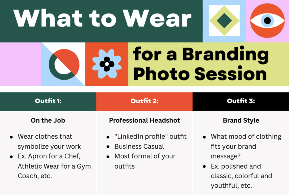 chart listing three outfit categories for a branding photo session