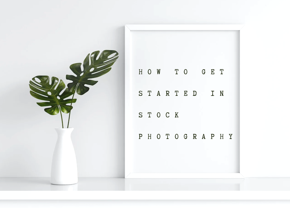 board next to a plant saying "how to get started in stock photography"