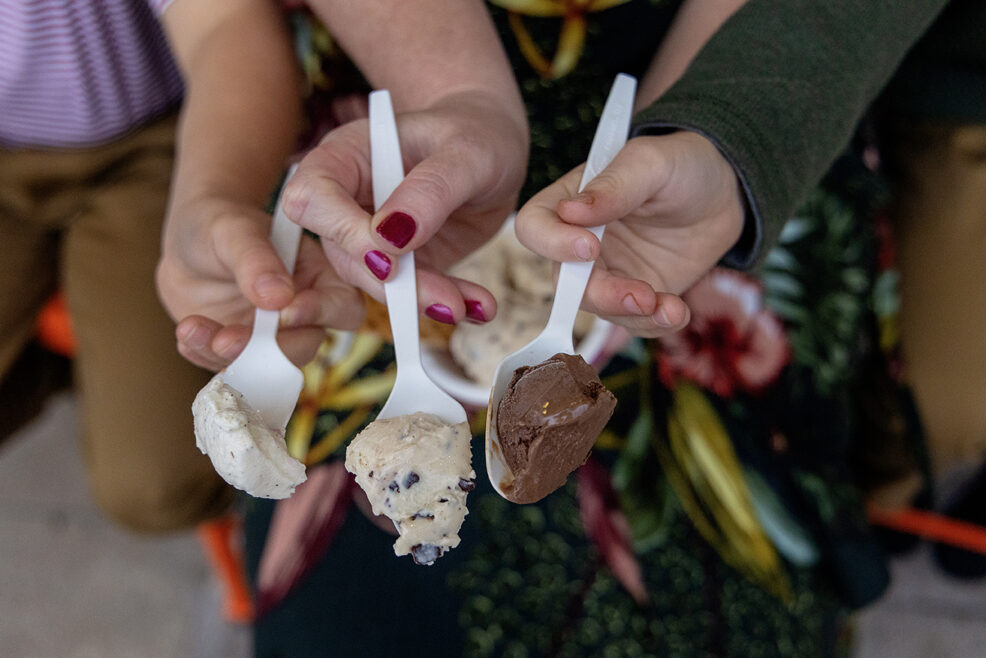 close-up of ice cream on three spoons