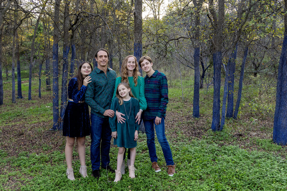 blue art trees in pease park family photo session