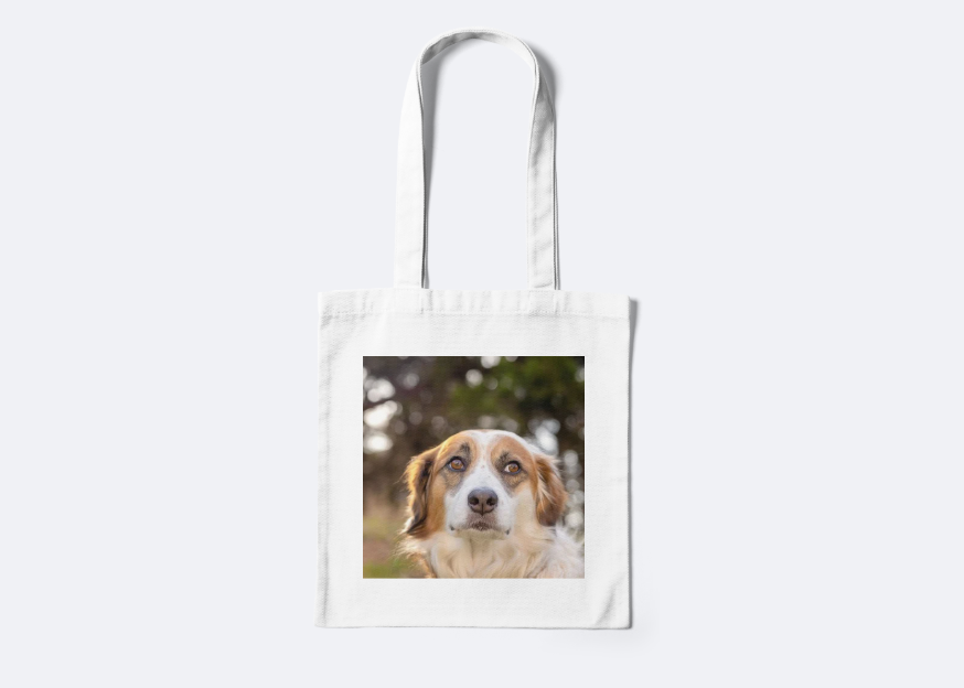 sample tote bag with dog's photo on it
